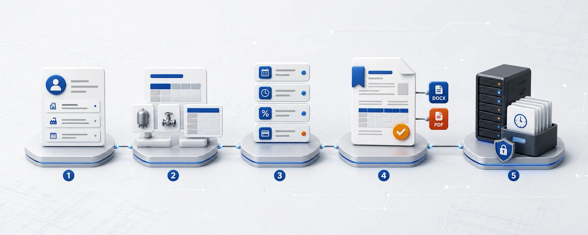 Схема работы: клиент, комплектация, условия, генерация DOCX PDF и история ТКП